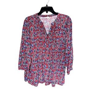 Talbots Red Blue Paisley Top 3/4 Sleeves Pleated Blouse Rayon Medium